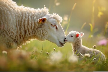 mother sheep and adorable baby in animal world