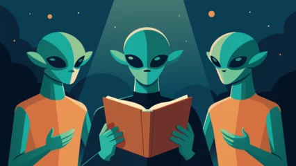 Foto op Plexiglas Three species of aliens gather around a human abductee each one holding a different section of an instruction manual. One alien flips through © Justlight