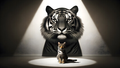 A cat in the foreground illuminated by a frontal light source, with its shadow cast on the wall behind it forming the silhouette of a tiger. 