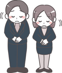 お辞儀をしてお詫びをするスーツの男女のイラスト 1