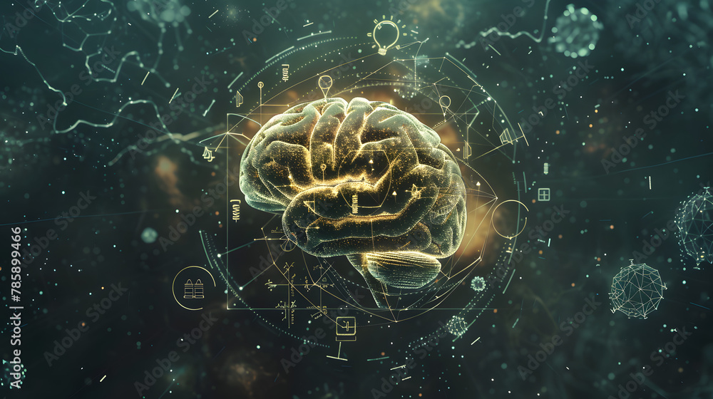 Poster a digital brain with various mathematical and scientific symbols orbiting around it, portraying ai's