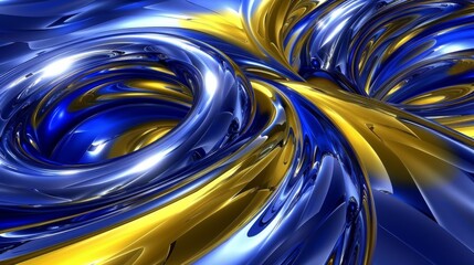 blue and yellow chrome 3d swirl pattern on a blue background