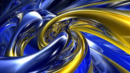 blue and yellow chrome 3d swirl pattern on a blue background