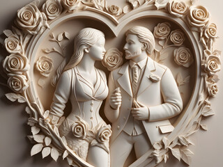 Amazing Illustration Art of white carved relief art sculpture with  cute couples on branch in heart  and roses, ornate decorative wallpaper romantic mood loving 