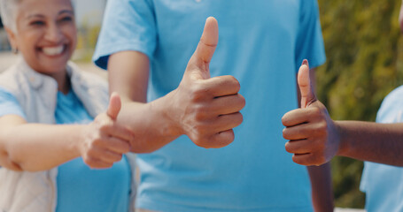 Charity, hands and volunteer team with thumbs up at park for earth day, community service or...