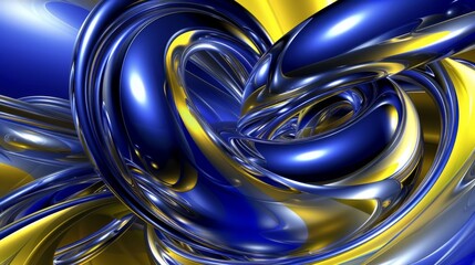 blue and yellow chrome 3d swirl pattern on a blue background