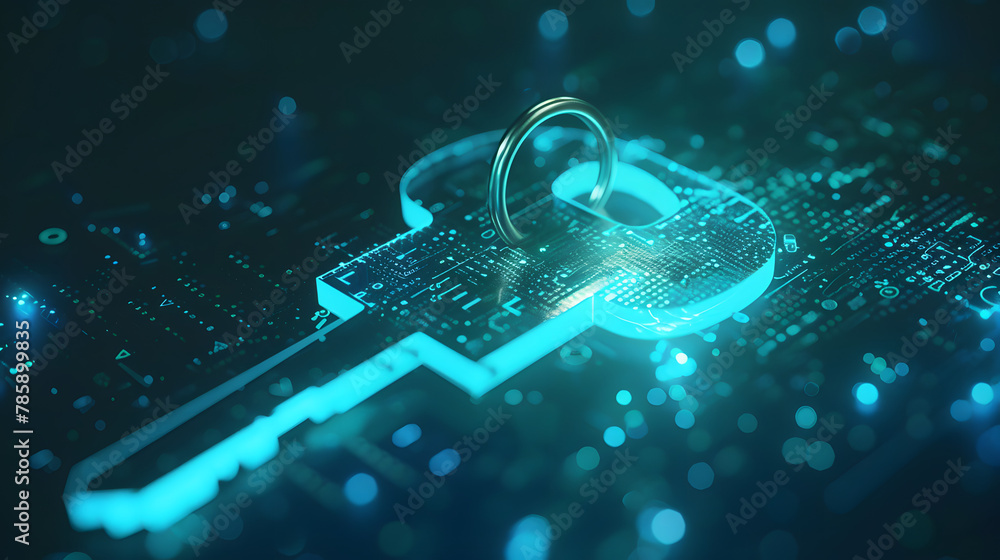 Poster a virtual key turning in a digital lock, signifying the unlocking of secure data access, with copy s