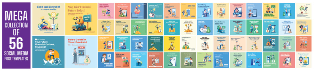 Mega collection of 56 social media post design template. Used for financial advertising