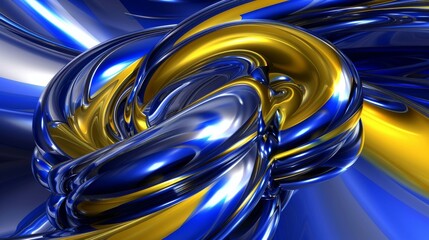 blue and yellow chrome 3d swirl pattern on a blue background