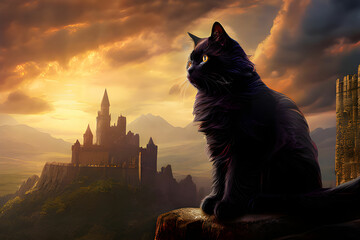 in a fantasy setting, a majestic black cat above a medieval castle