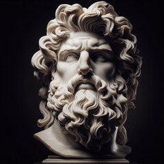 Handsome marble statue of powerful greek god Zeus over dark background, The powerful king of the gods in ancient Greek religion.