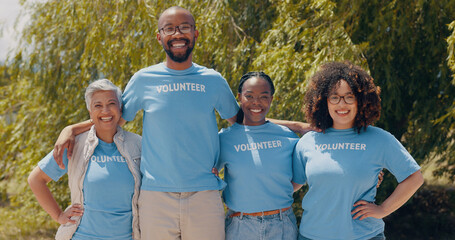 Charity, portrait and volunteer team at park for earth day, community service or poverty, relief...