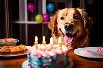 happy dog looking at birthday cake with candles
