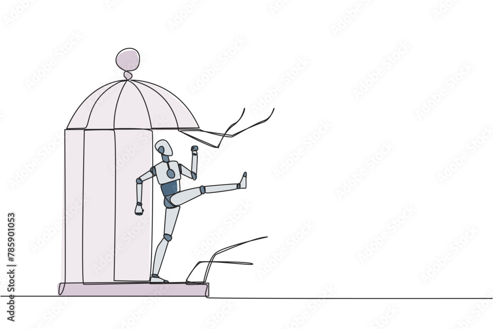 Poster single one line drawing robot trapped in the cage kick the caged until wrecked. freedom of expressio