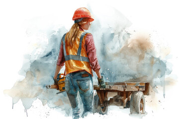 Colorful watercolor of A female builder in safety helmet and reflective vest