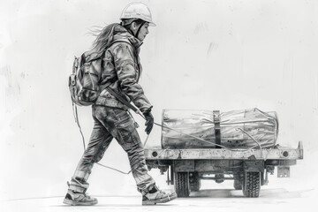 Pencil sketch of A female builder in safety helmet and reflective vest