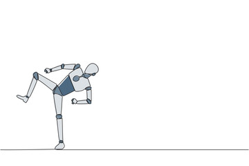 Continuous one line drawing robot doing taekwondo movements. Kicking motion. Strong legs. Keeping business with sport. Keep healthy stay strong. AI tech. Single line draw design vector illustration