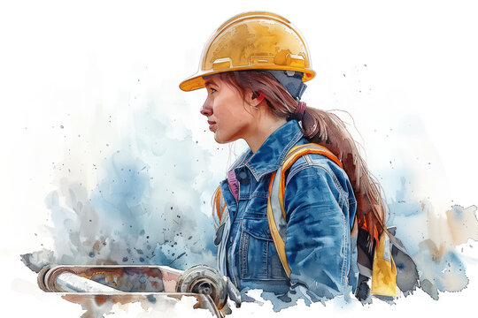 Watercolor portrait of A female builder in safety helmet and reflective vest