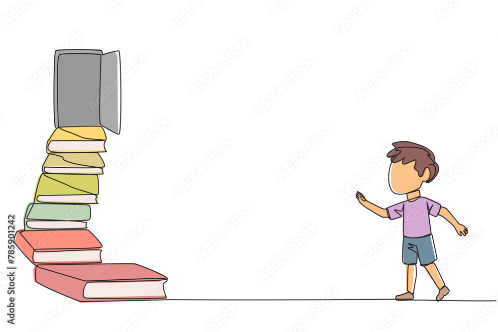 Poster continuous one line drawing boy climb the stairs from the book stack. towards the wide open door. me