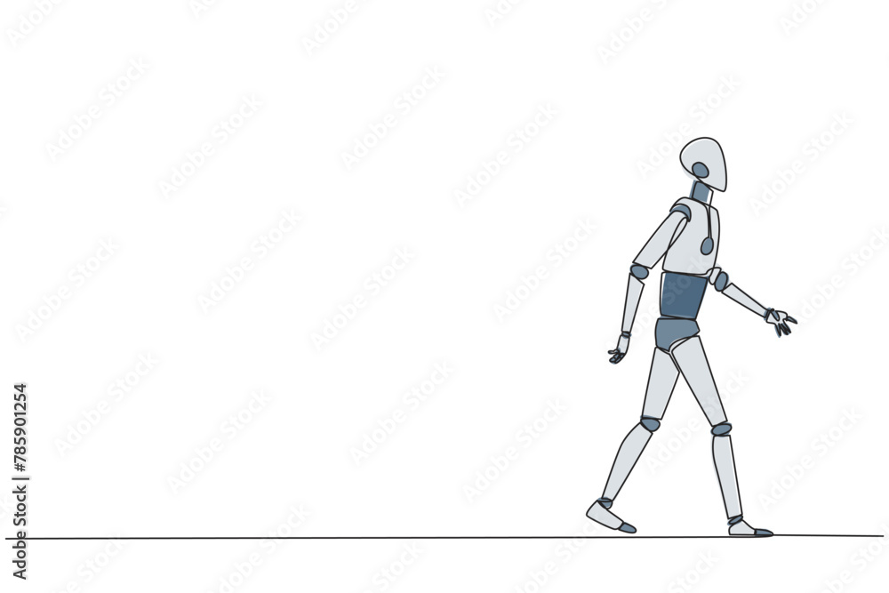 Poster single one line drawing smart robotic walking to canteen to break and lunch. taking time for a while