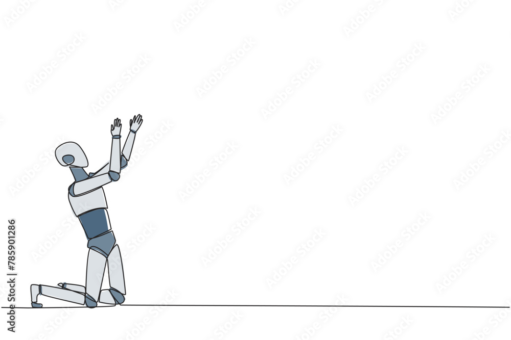 Aufkleber continuous one line drawing robot kneeling raising hands to pray. praying to make it easier to do bu