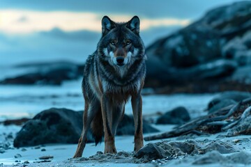 Grey wolf standing on the beach at sunset, Iceland, Europe