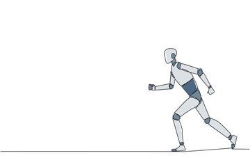 Single one line drawing smart robotic doing light exercise. Running aims to maintain heart health. The robot with healthy life style. Good mental. AI tech. Continuous line design graphic illustration
