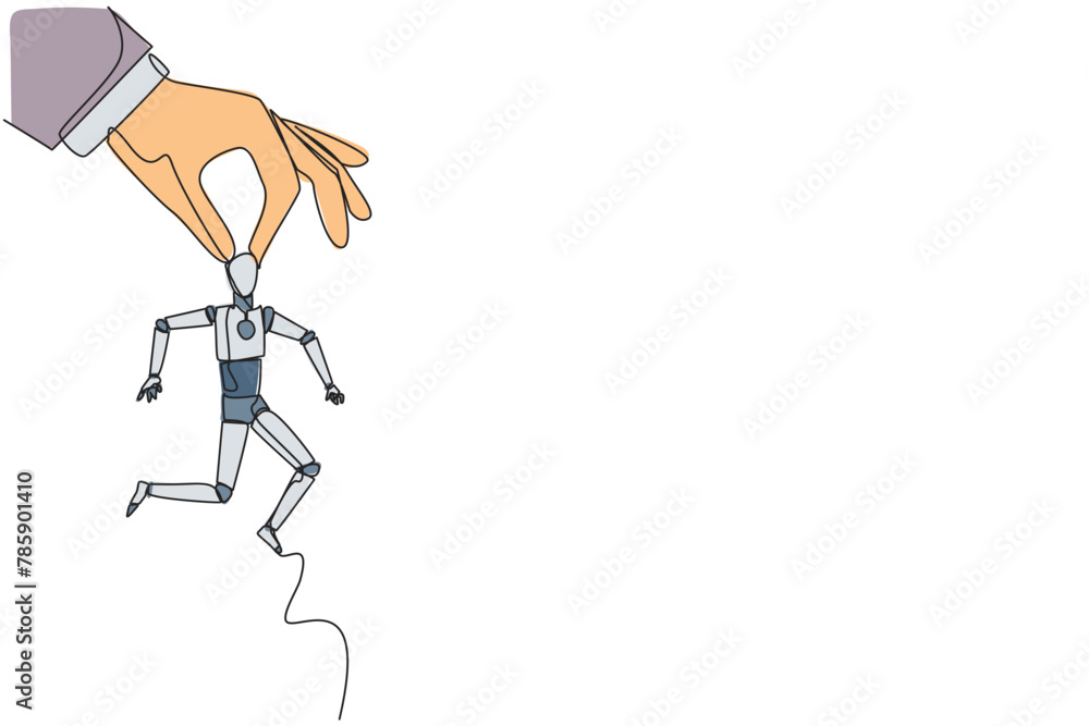 Aufkleber single continuous line drawing big hand holding smart robotic. workplace moving metaphor. position t