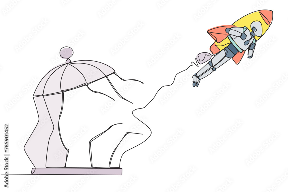 Poster single one line drawing robot flying with rocket and breaks the cage. free from traps. getting a boo
