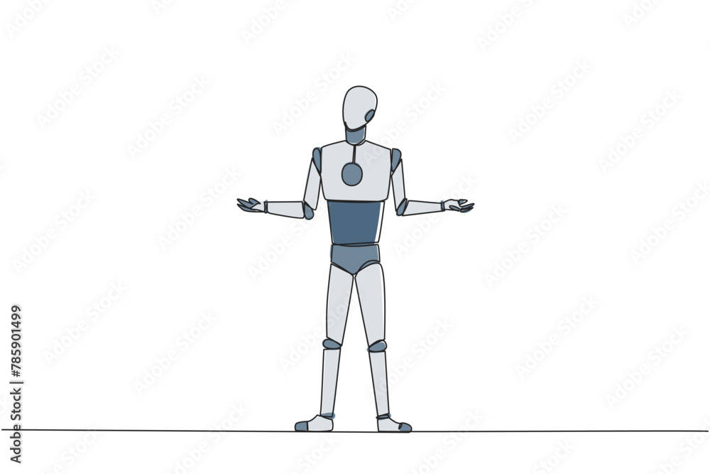 Poster continuous one line drawing smart robot standing straight with open arms. lonely and sadness robot l