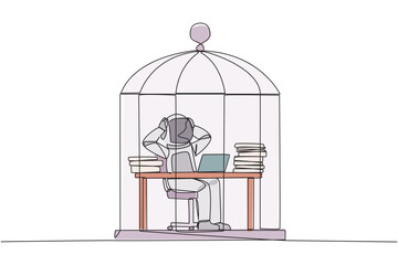 Continuous one line drawing astronaut trapped in cage sitting on office chair holding head. Being in routine trap. Tired and irritated with the daily grind. Single line draw design vector illustration