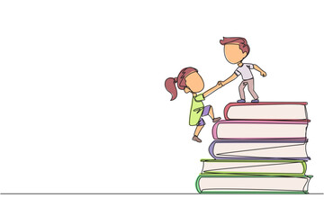 Single continuous line drawing boy helps girl climb a pile of books. The concept of helping each other to succeed together. Knowledge source book. Book festival. One line design vector illustration
