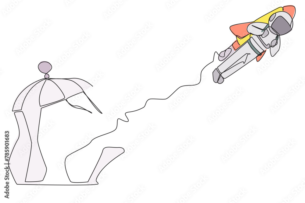 Aufkleber continuous one line drawing astronaut flying with rocket and breaks the cage. free from traps. getti