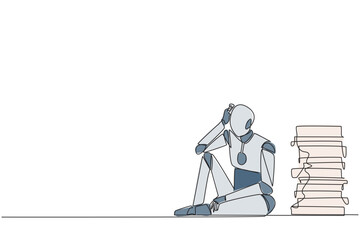 Single continuous line drawing robot sitting near piles of work files. Too much work is stressful. Putting off work makes work neglected. Tired. Unhappy. AI tech. One line design vector illustration