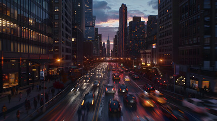 Fototapeta na wymiar Energetic Urban Twilight: Metropolis in Evening Rush Hour