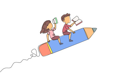 Single continuous line drawing the kids rides on a pencil-shaped rocket. Reading a book at a height. Read books anywhere. Very good habits. Book festival concept. One line design vector illustration - obrazy, fototapety, plakaty