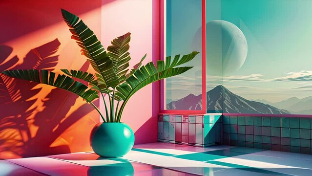 Pushing towards a houseplant in a colorful retro modern modern living room with views out the window to another planet