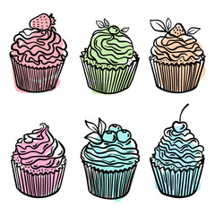 Vector collection of cupcakes, muffins, hand-drawn in the style of doodles.