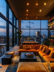 Modern Lounge Area with City View at Twilight