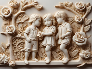 Amazing Illustration Art  white carved relief art sculpture with  cute kids mother with cat on branch and roses, ornate decorative wallpaper