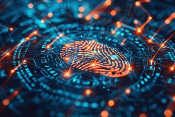 A blue and orange image of a fingerprint with a lot of lines and dots. The image is abstract and has a futuristic feel to it