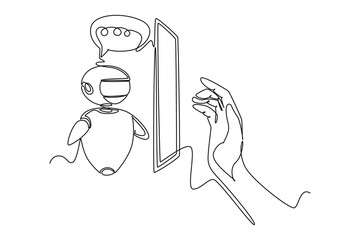Continuous one line drawing Online communication with chat bot concept. Doodle vector illustration.