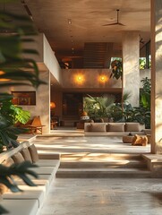 Modern Living Room Interior with Warm Lighting and Tropical Plants