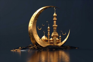  illustration of golden crescent moon with mosque in the background