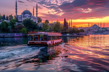 Fototapeta premium Boat on the Bosphorus at sunset, Istanbul, Turkey