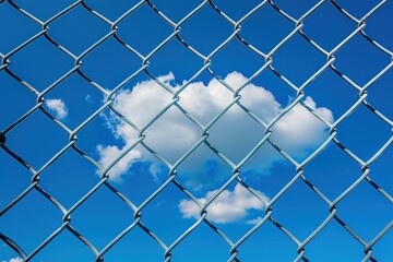 Fototapeta premium A cloud is seen through a chain link fence. The sky is blue and the cloud is white