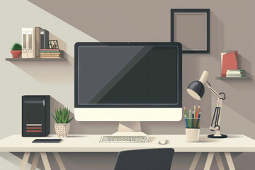 A computer desk with a monitor, keyboard, mouse, and a potted plant. The desk is organized and clean, with a few books and a vase on the shelf. Scene is calm and focused