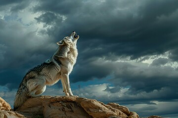 A wolf standing on a rock with a stormy sky in the background