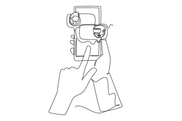Continuous one line drawing Online communication with chat bot concept. Doodle vector illustration.