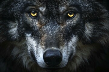 Portrait of a wolf with yellow eyes on a dark background - obrazy, fototapety, plakaty